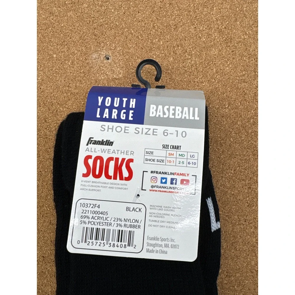 Franklin Baseball Socks Youth Large All Weather‎ Black Shoe Size 6-10